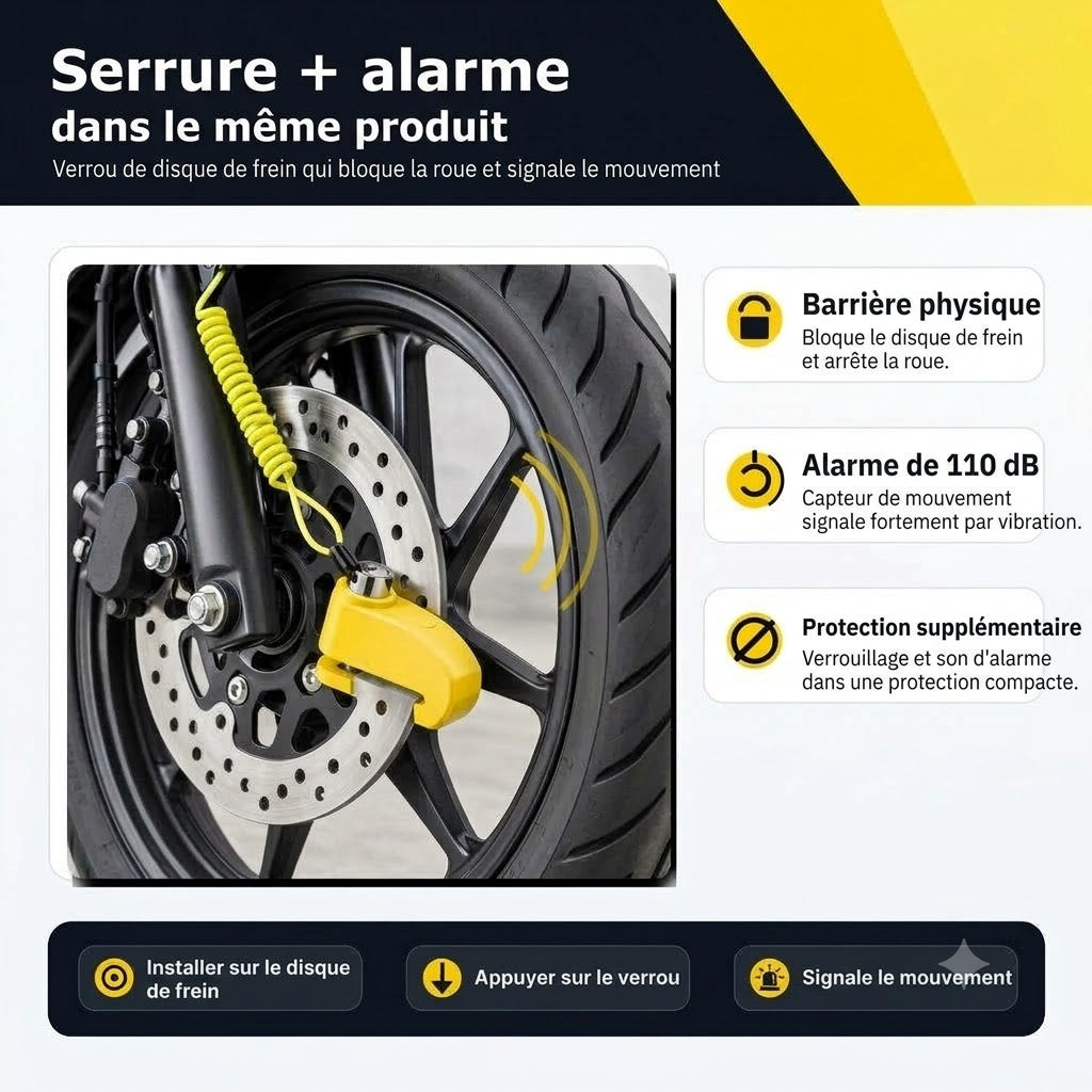 Bloque-disque avec alarme 110 dB – Antivol bloque-disque pour vélo, cyclomoteur et moto