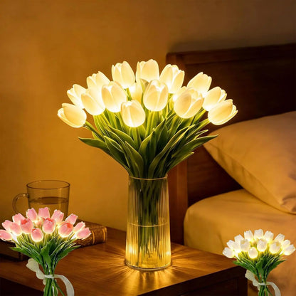 Lampe tulipe LED romantique - Veilleuse d'ambiance - Fleurs artificielles avec lumière - Décoration