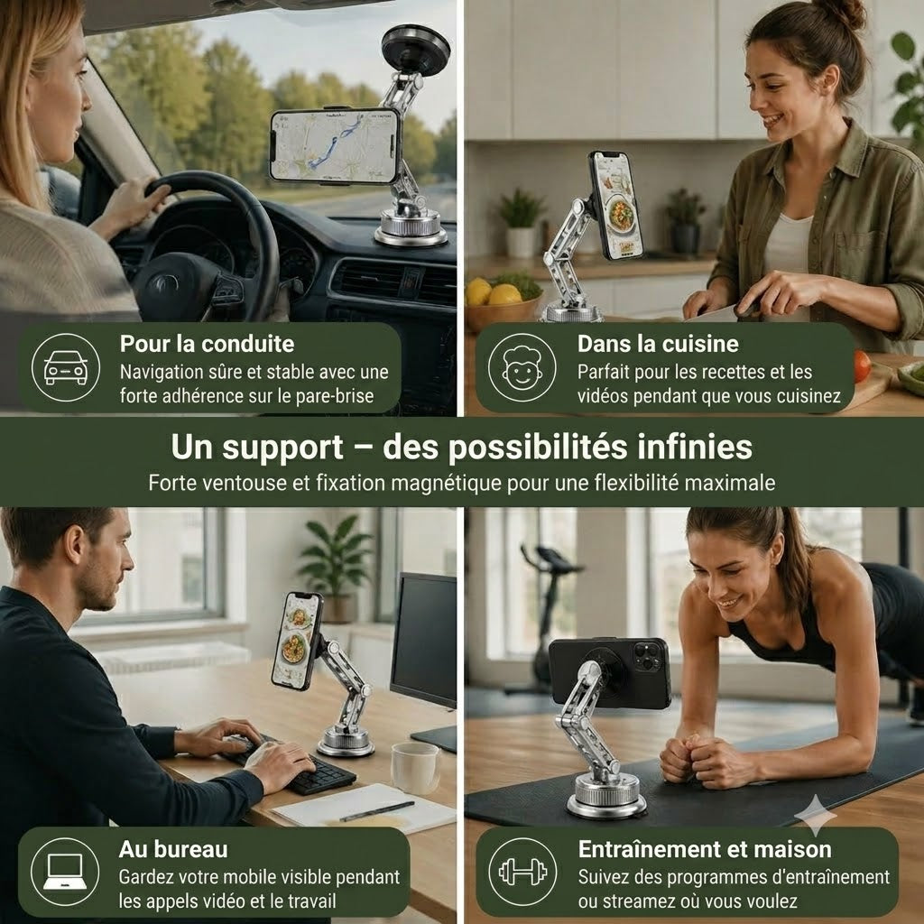 Support de téléphone pour voiture entièrement métallique avec aimant ultra-puissant et ventouse