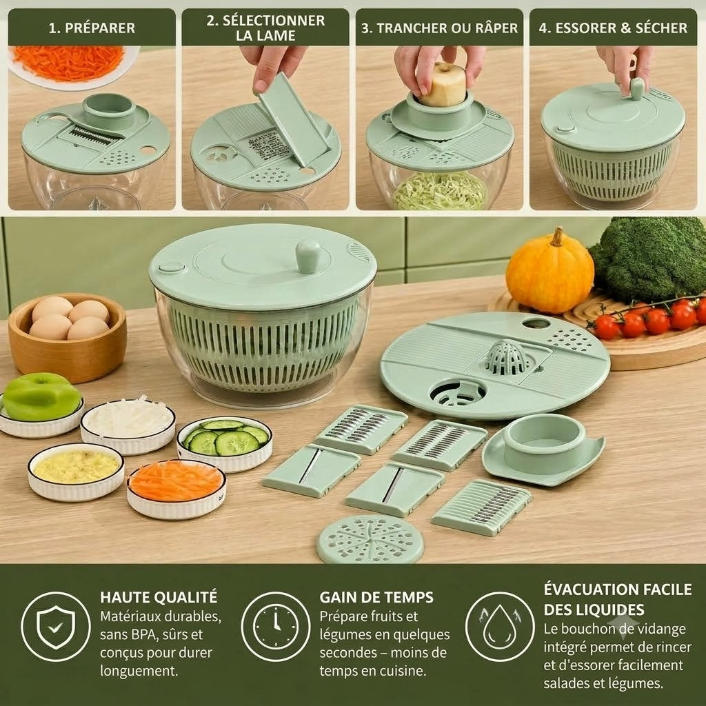 Hachoir à légumes et salade manuel 9-en-1 avec fonction rotative