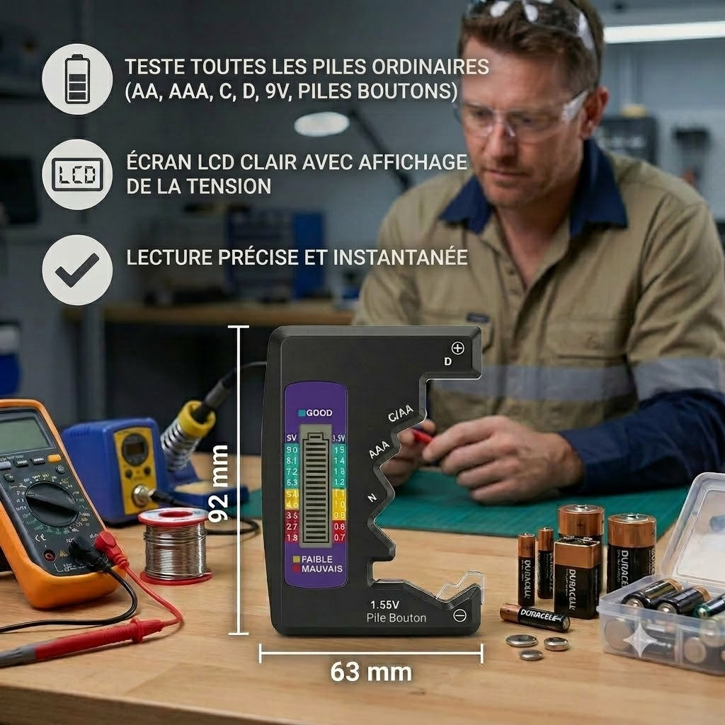 Testeur de pile numérique avec écran LCD – Mesure la capacité des piles AA, AAA, C, D, 9V et bouton 🔋