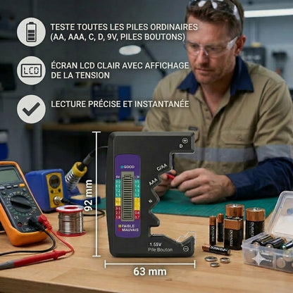 Testeur de pile numérique avec écran LCD – Mesure la capacité des piles AA, AAA, C, D, 9V et bouton 🔋