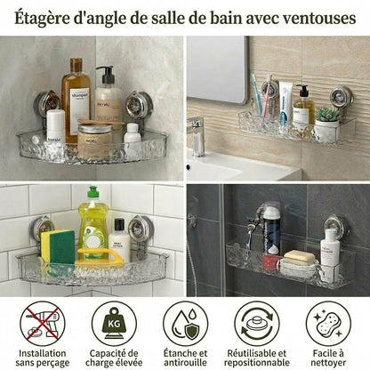Étagère d'angle de salle de bain à ventouses – Étagère de rangement sans perçage