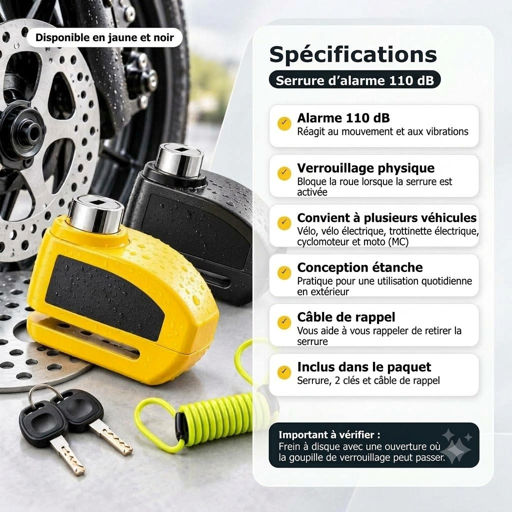 Bloque-disque avec alarme 110 dB – Antivol bloque-disque pour vélo, cyclomoteur et moto
