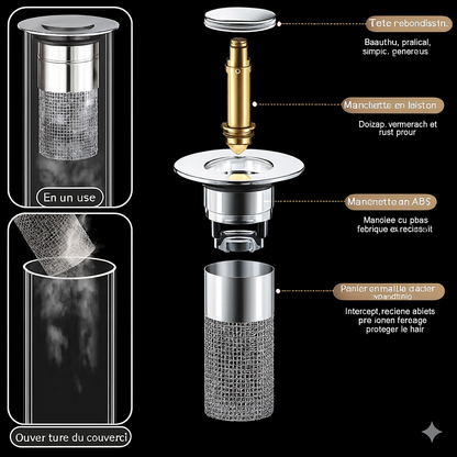 Bouchon de Lavabo 2-en-1 avec Filtre à Cheveux