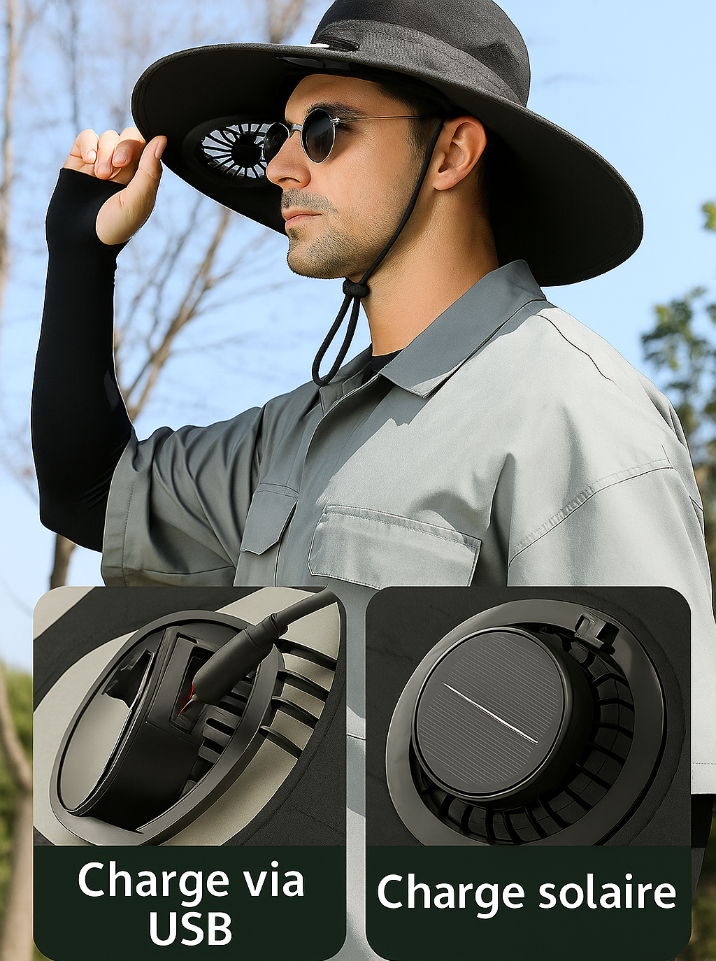 Chapeau de Soleil Large pour l'Extérieur avec Ventilateur Solaire