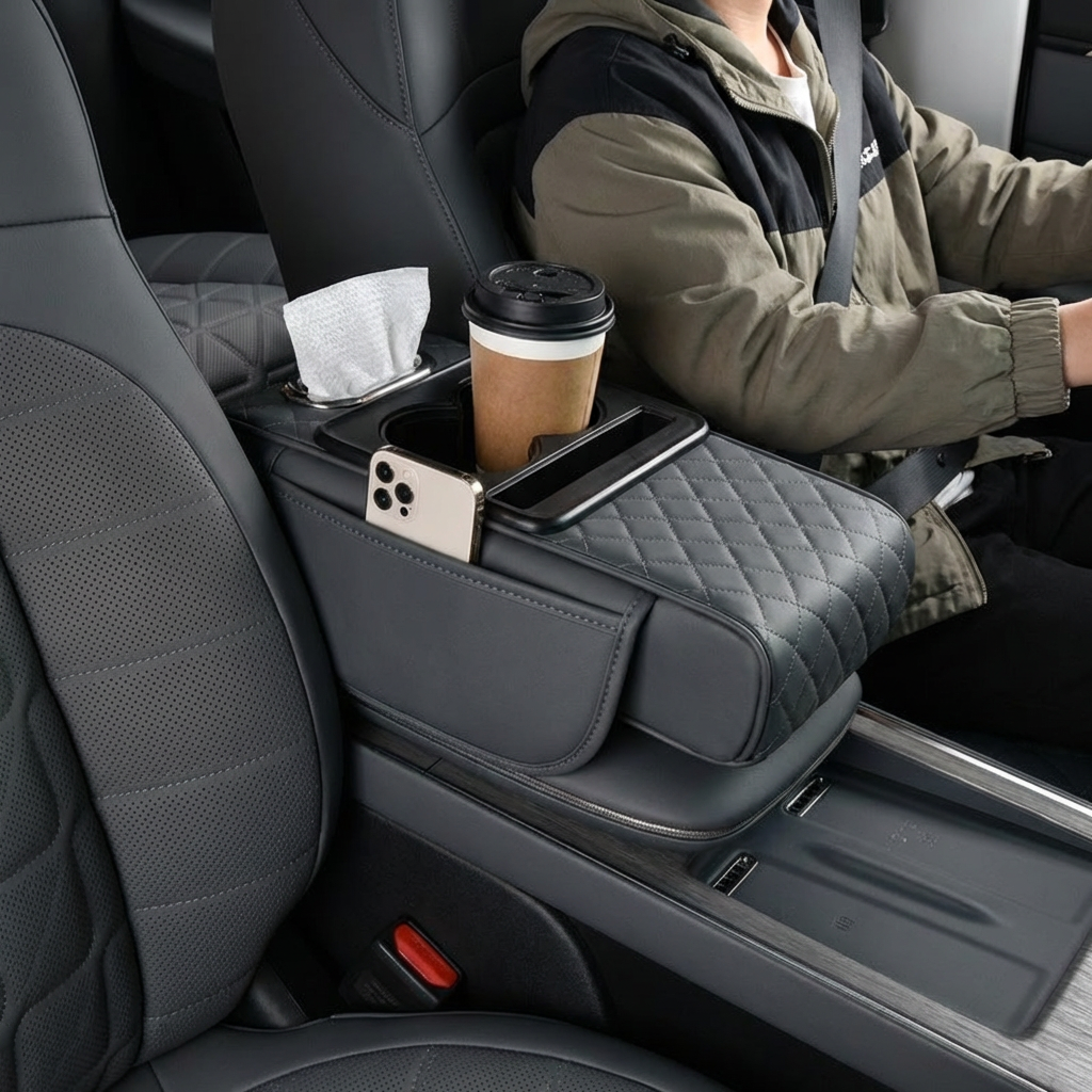 Sac de rangement multifonction pour accoudoir de voiture – Avec porte-gobelet et compartiment intégré