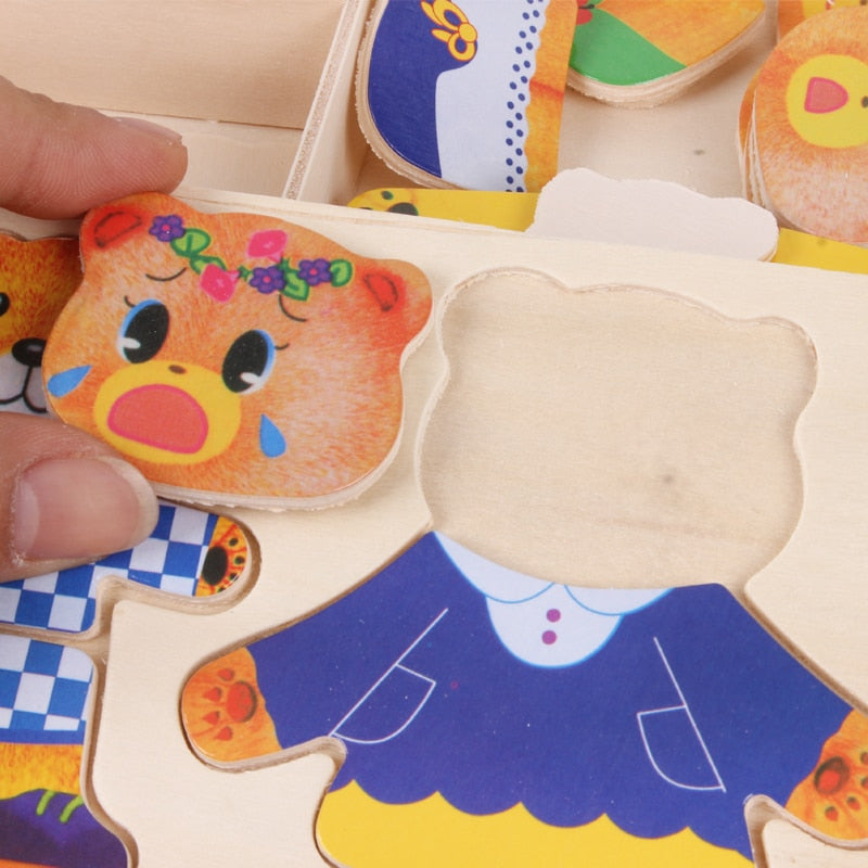 Puzzle d'Habillage Ours en Bois – Coffret de Puzzle avec Boîte de Rangement (Jouet Éducatif)