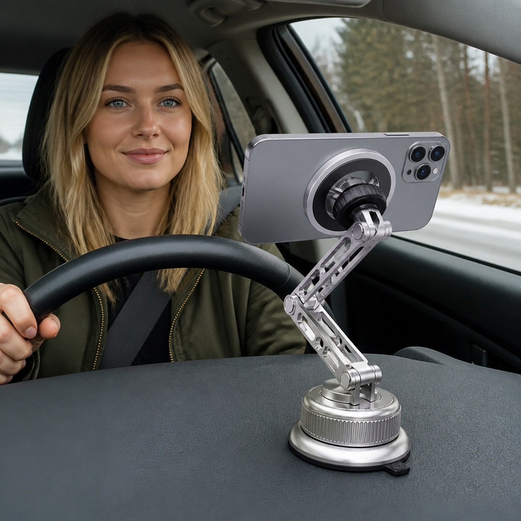 Support de téléphone pour voiture entièrement métallique avec aimant ultra-puissant et ventouse