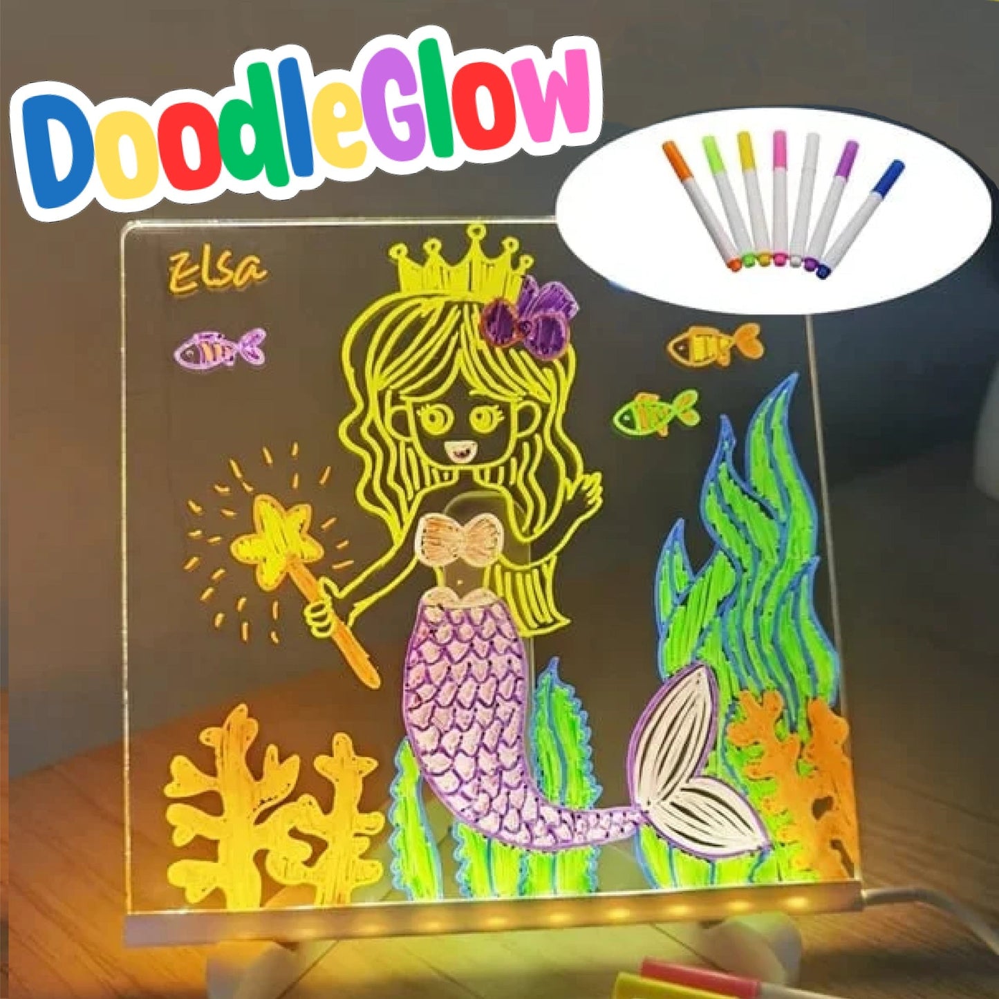 DoodleGlow™ Ardoise Magique LED - Tablette de Dessin Lumineuse pour Enfants (Incl. feutres et pochoirs)
