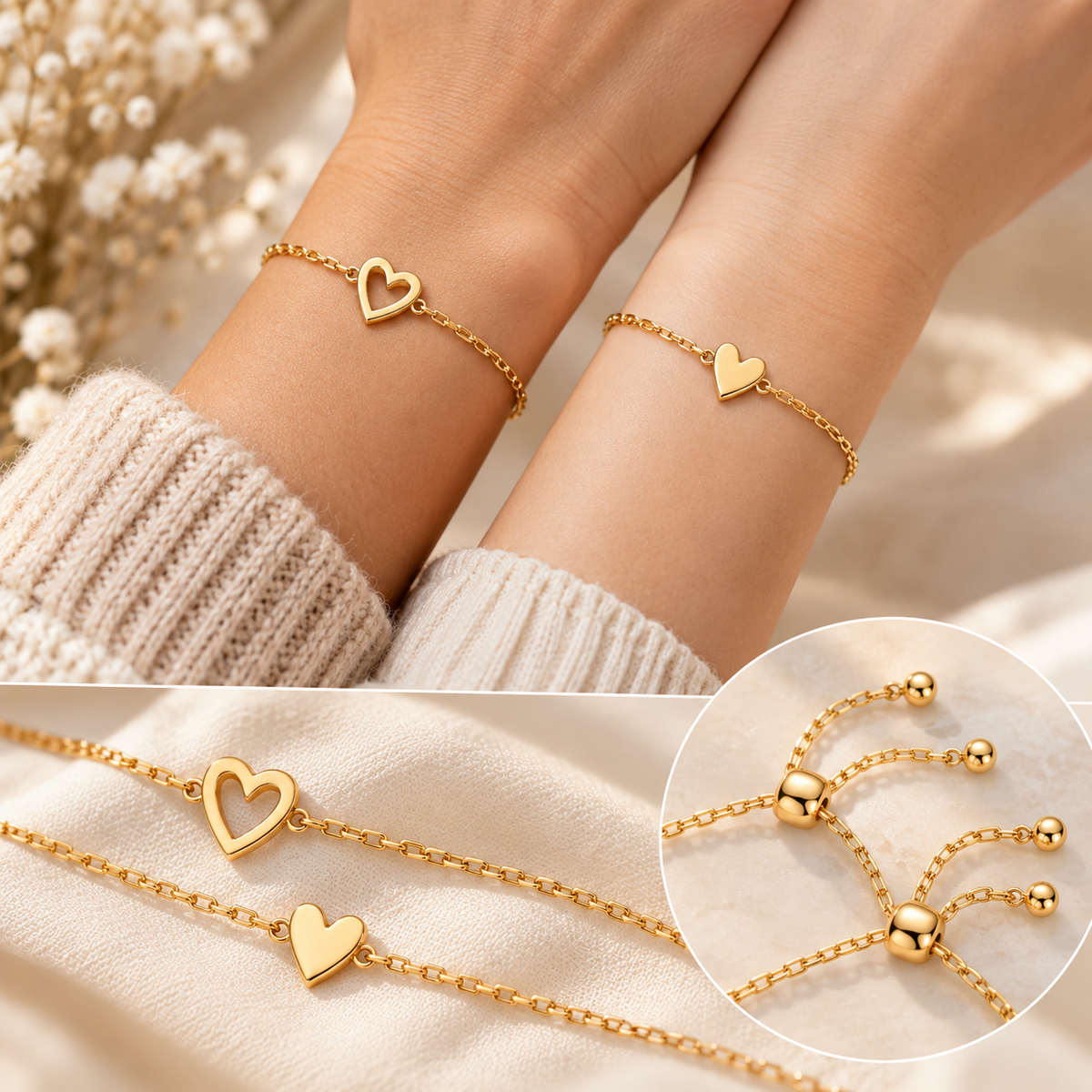 Ensemble de bracelets d'amour – Bracelet cœur plaqué or 14K
