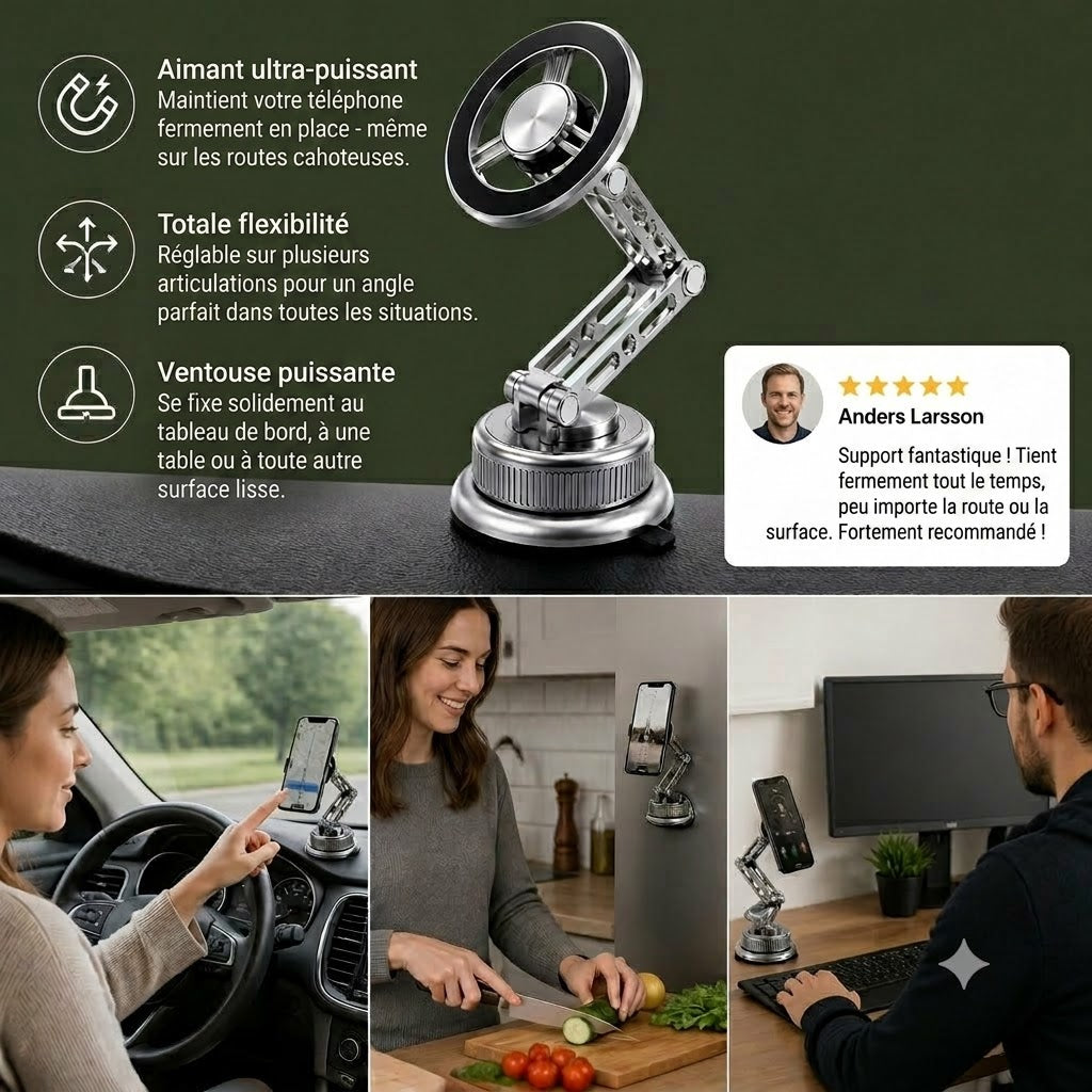 Support de téléphone pour voiture entièrement métallique avec aimant ultra-puissant et ventouse