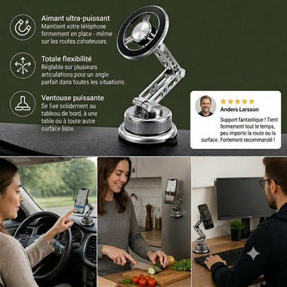 Support de téléphone pour voiture entièrement métallique avec aimant ultra-puissant et ventouse
