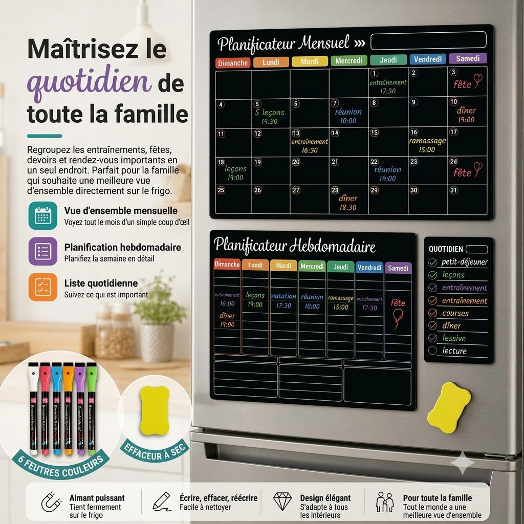 Planning familial magnétique – Agenda mensuel, hebdomadaire et quotidien