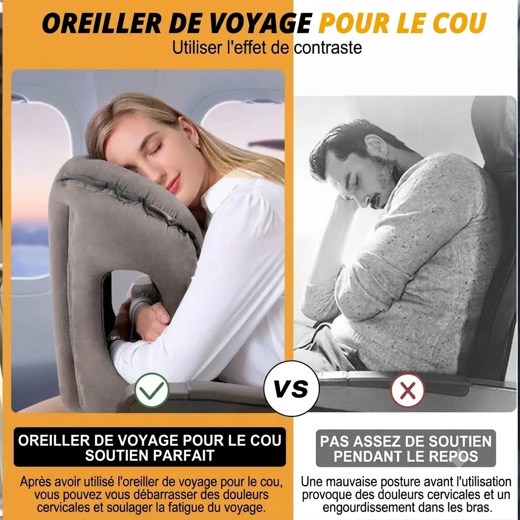 Coussin de voyage ergonomique gonflable – Oreiller de cou compact et portable pour avion, train et voiture