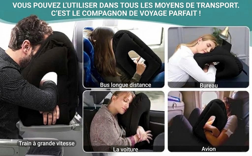 Coussin de voyage ergonomique gonflable – Oreiller de cou compact et portable pour avion, train et voiture