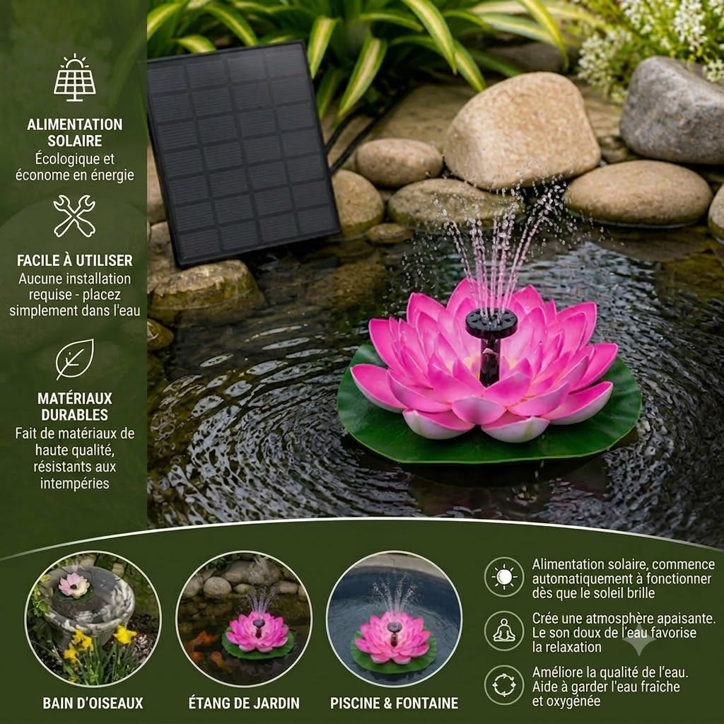 Fontaine solaire lotus – Fontaine de jardin flottante pour piscines et bassins