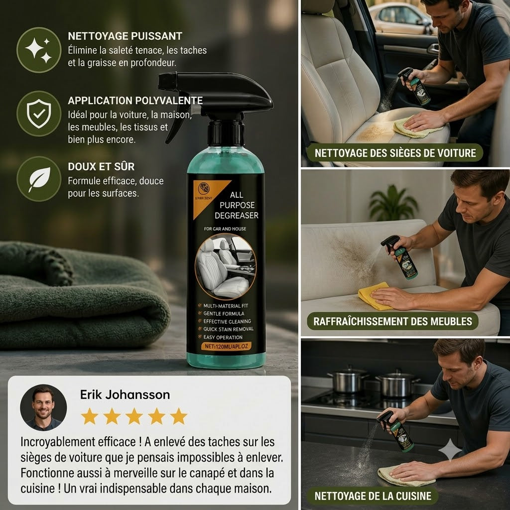 Spray de nettoyage multifonction pour voiture – Détachant puissant et la solution ultime contre les saletés tenaces