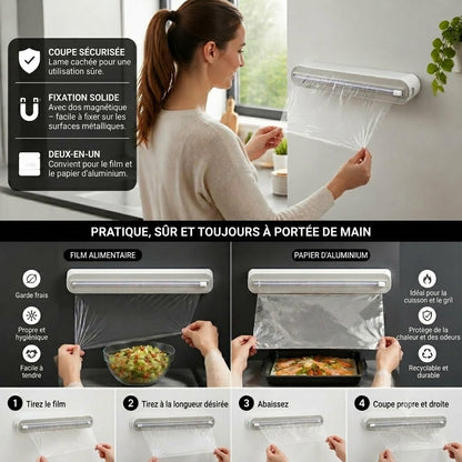 Distributeur mural magnétique pour film étirable et papier aluminium avec coupe-film sécurisé