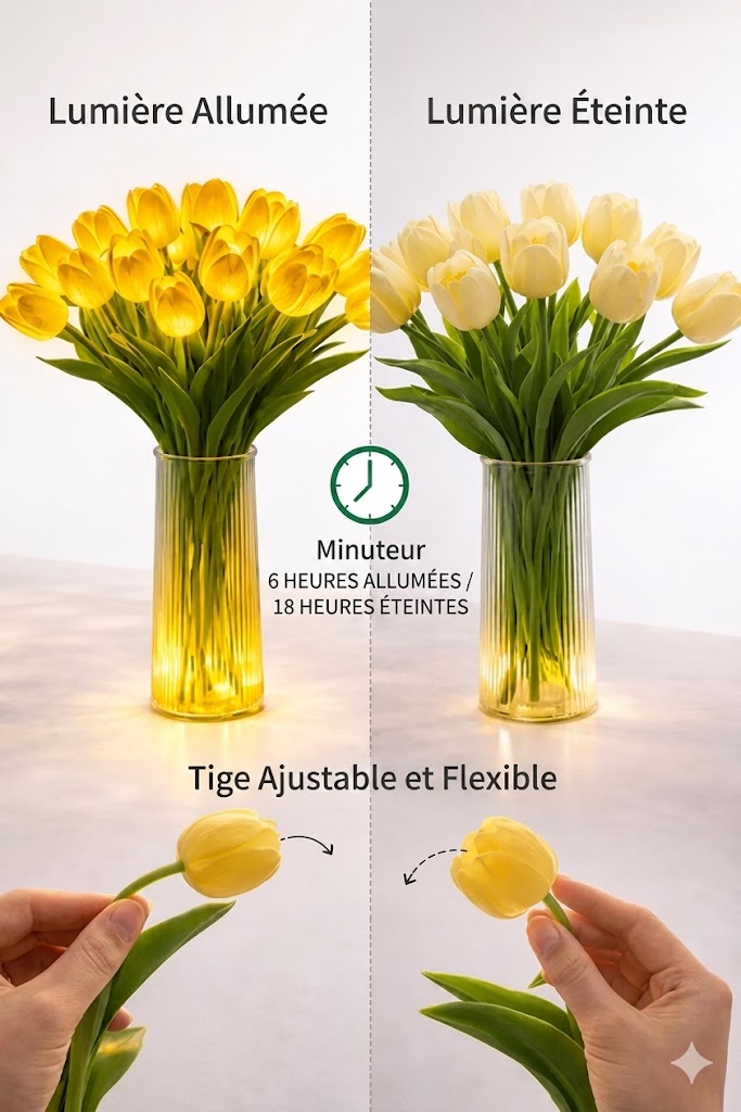 Lampe tulipe LED romantique - Veilleuse d'ambiance - Fleurs artificielles avec lumière - Décoration