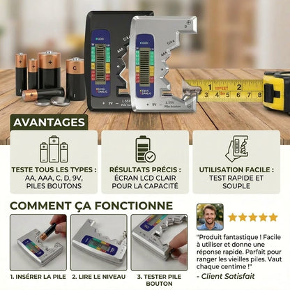 Testeur de pile numérique avec écran LCD – Mesure la capacité des piles AA, AAA, C, D, 9V et bouton 🔋