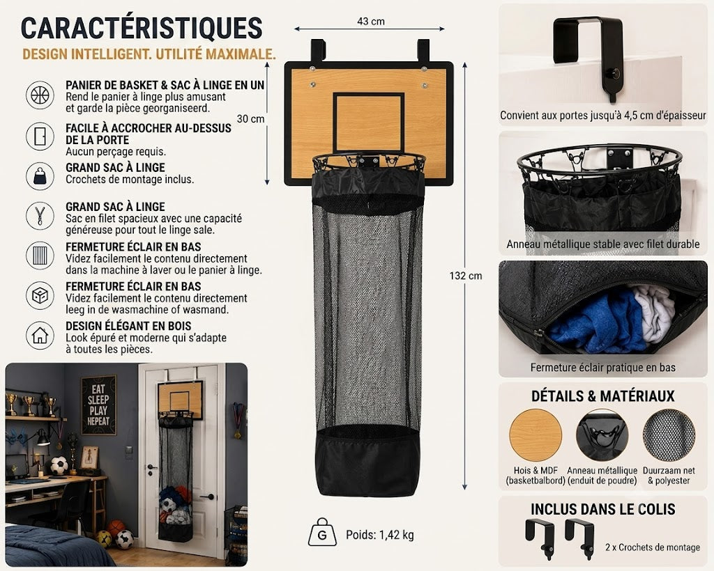 Panier à linge de porte : Panier de basket & Panier à linge 2-en-1🏀