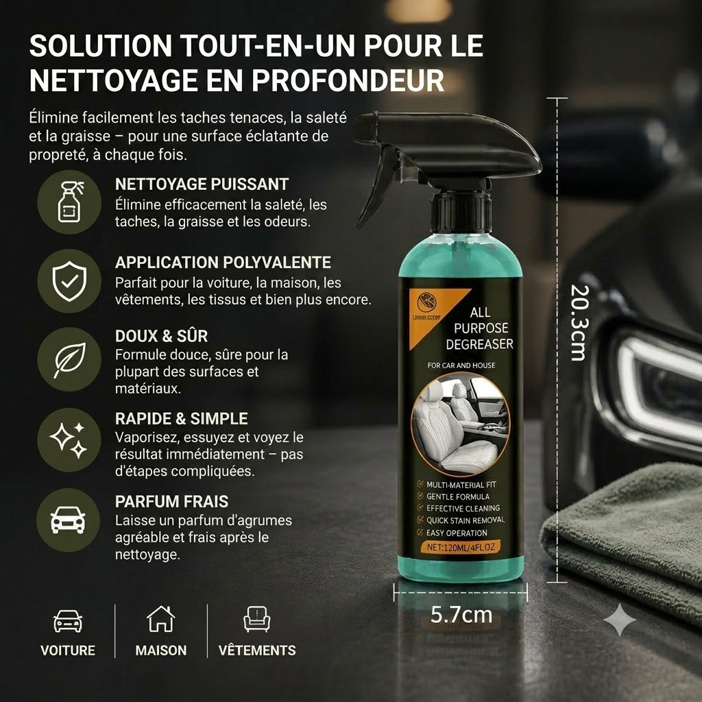 Spray de nettoyage multifonction pour voiture – Détachant puissant et la solution ultime contre les saletés tenaces