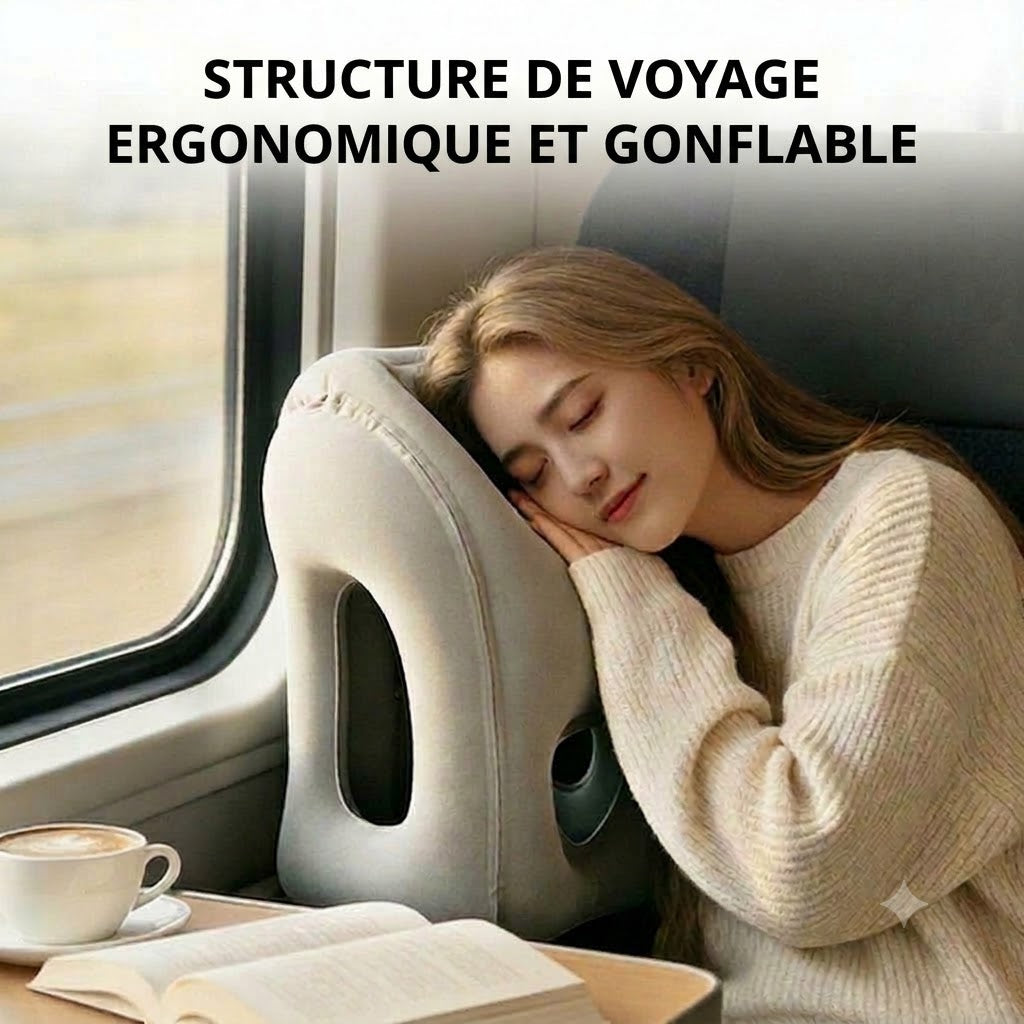 Coussin de voyage ergonomique gonflable – Oreiller de cou compact et portable pour avion, train et voiture