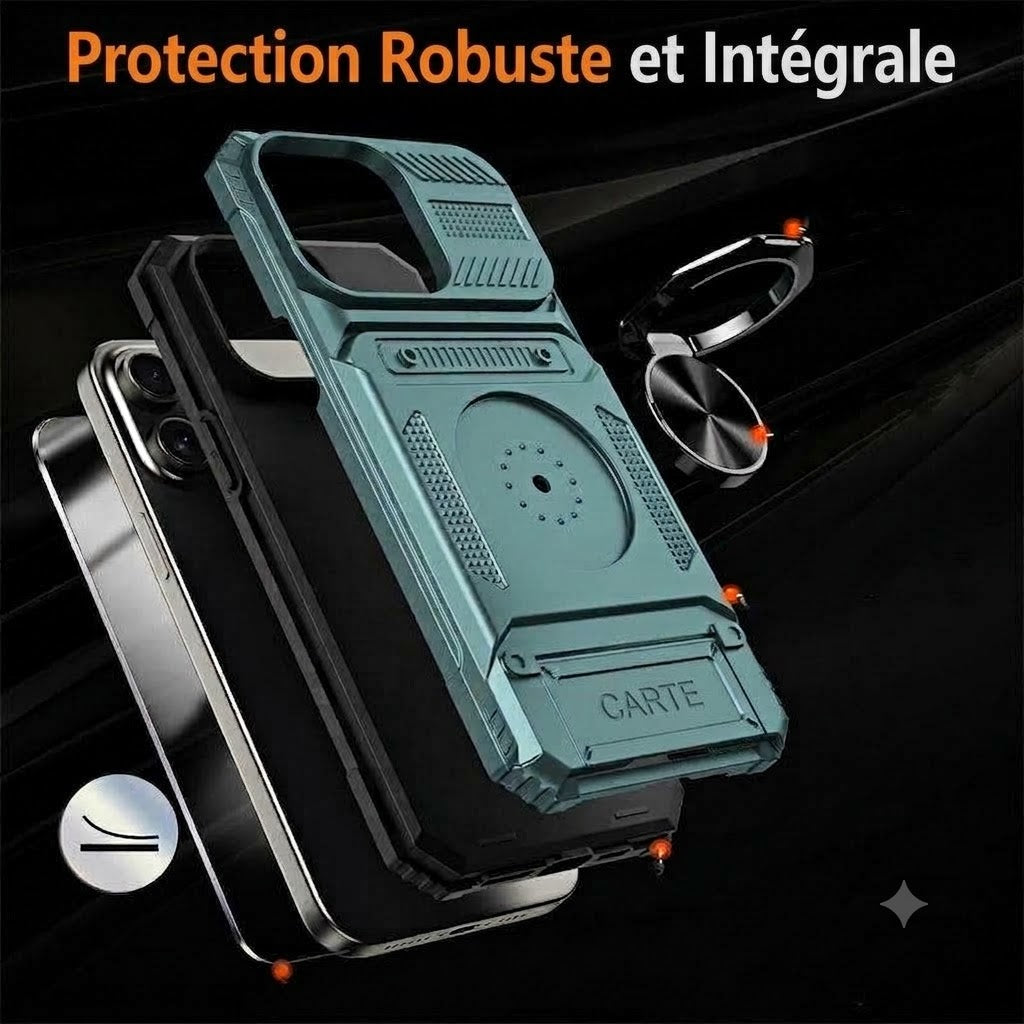 Coque antichoc pour iPhone avec porte-cartes et bague de maintien intégrée
