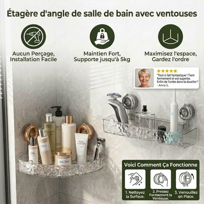 Étagère d'angle de salle de bain à ventouses – Étagère de rangement sans perçage