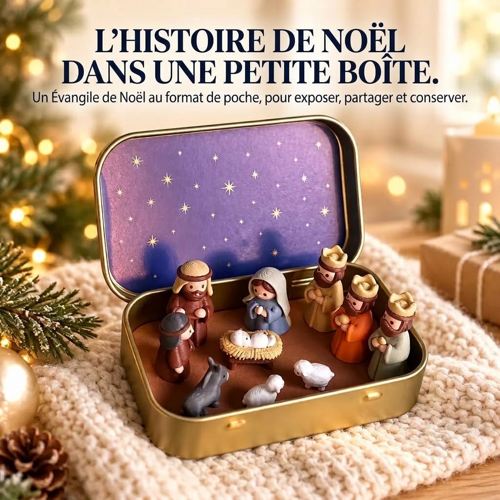 Mini crèche de Noël portable en boîte métallique – Crèche artisanale de poche