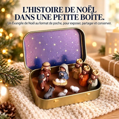 Mini crèche de Noël portable en boîte métallique – Crèche artisanale de poche