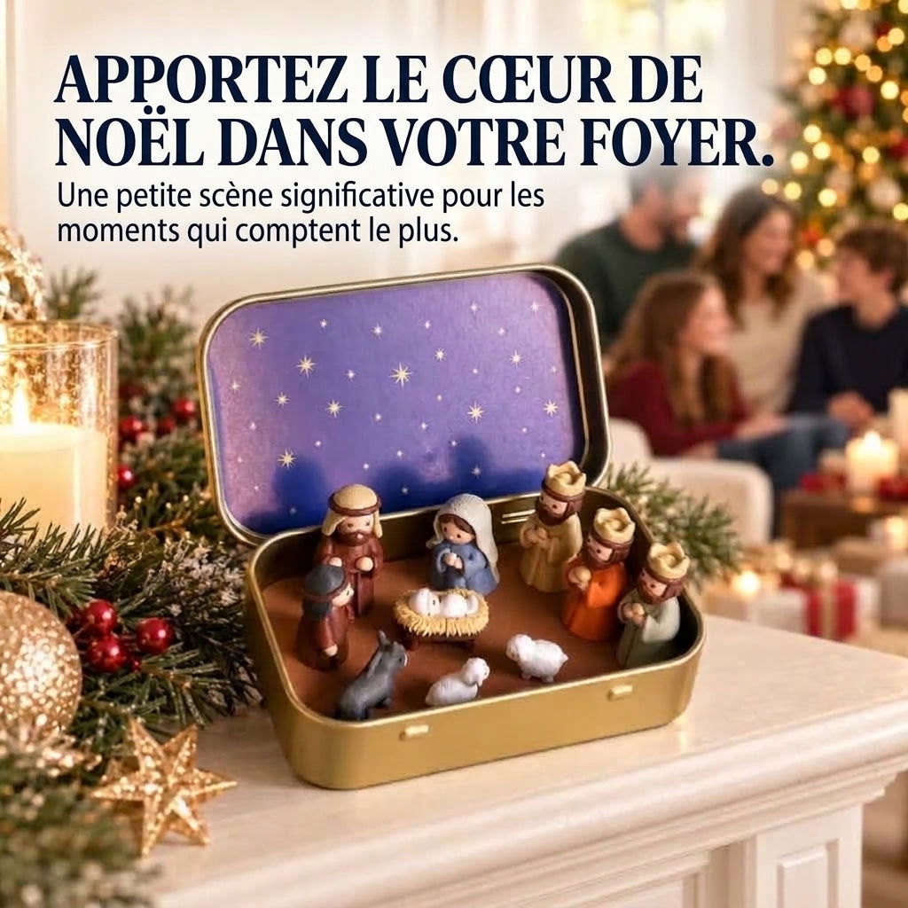 Mini crèche de Noël portable en boîte métallique – Crèche artisanale de poche