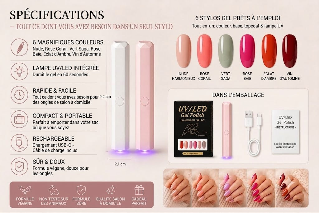 SalonPen – Stylo vernis à ongles 3-en-1 (avec lampe UV) – Lot de 6
