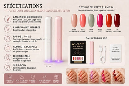 SalonPen – Stylo vernis à ongles 3-en-1 (avec lampe UV) – Lot de 6