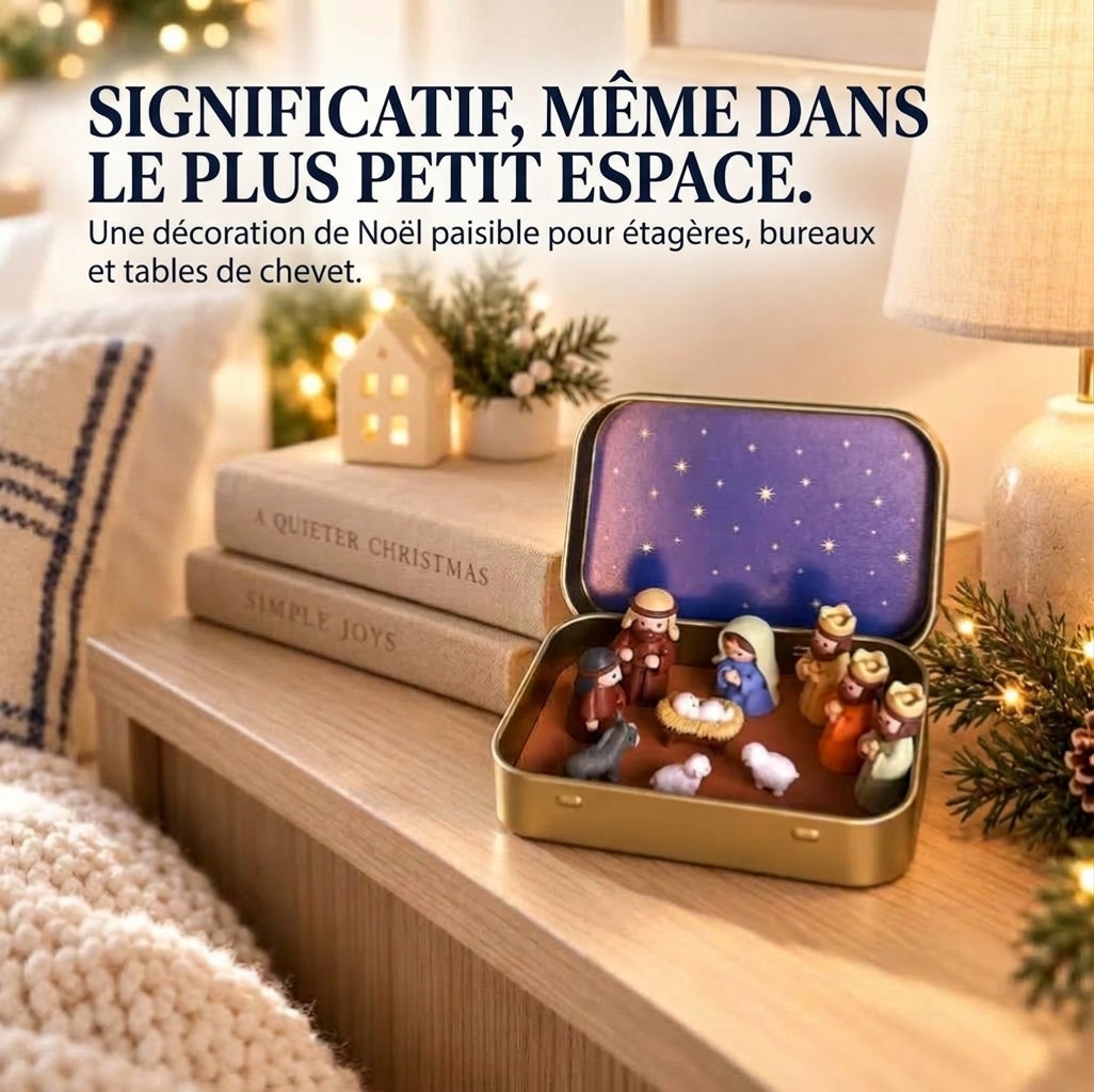 Mini crèche de Noël portable en boîte métallique – Crèche artisanale de poche