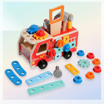Kit de Construction Camion de Pompiers en Bois – Jouet de Construction avec Outils (Éducatif & Durable)