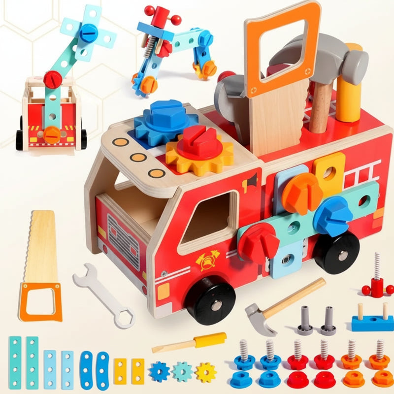 Kit de Construction Camion de Pompiers en Bois – Jouet de Construction avec Outils (Éducatif & Durable)