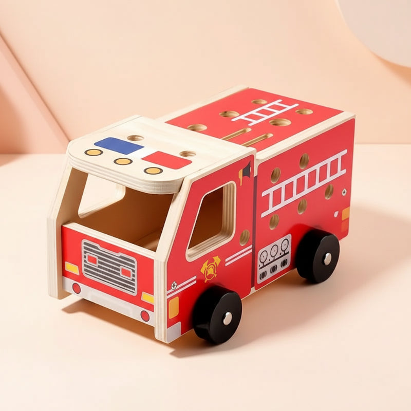 Kit de Construction Camion de Pompiers en Bois – Jouet de Construction avec Outils (Éducatif & Durable)