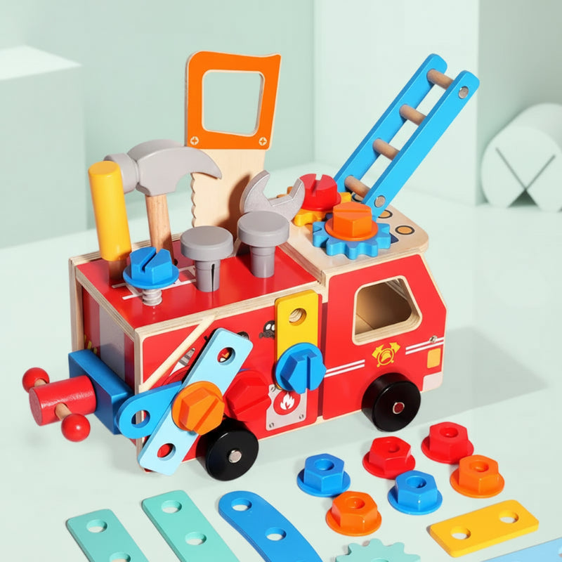 Kit de Construction Camion de Pompiers en Bois – Jouet de Construction avec Outils (Éducatif & Durable)