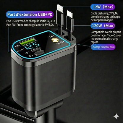Chargeur de voiture 5-en-1 Avant & Arrière - Avec câble d'extension