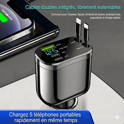 Chargeur de voiture 5-en-1 Avant & Arrière - Avec câble d'extension