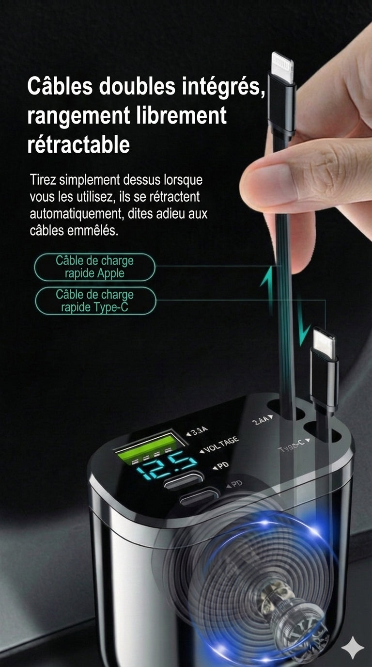 Chargeur de voiture 5-en-1 Avant & Arrière - Avec câble d'extension
