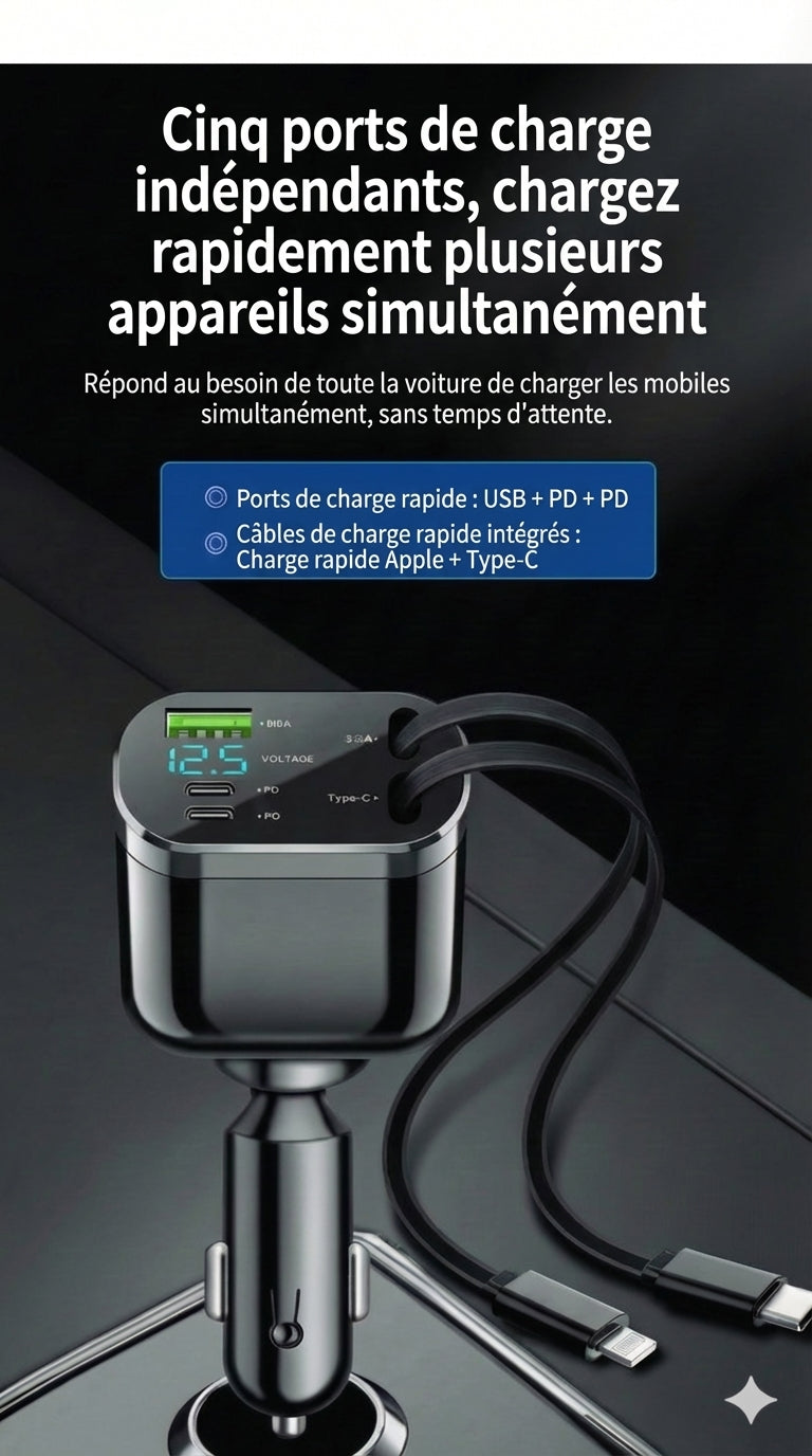 Chargeur de voiture 5-en-1 Avant & Arrière - Avec câble d'extension