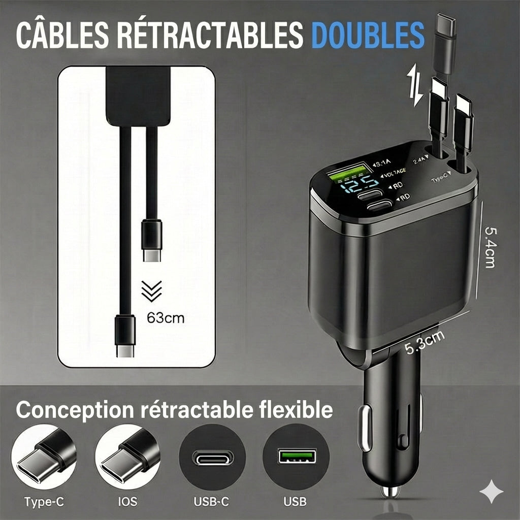 Chargeur de voiture 5-en-1 Avant & Arrière - Avec câble d'extension