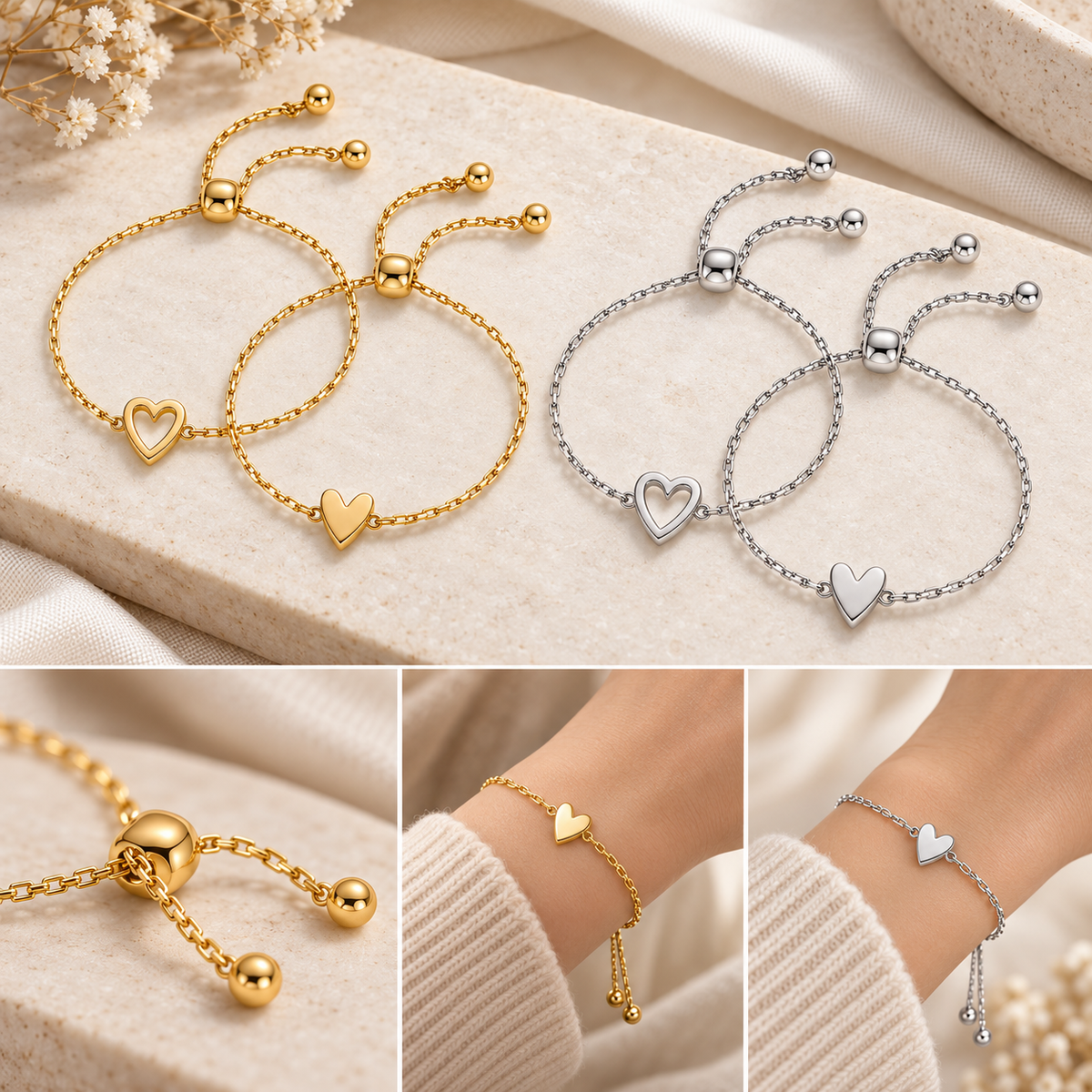 Ensemble de bracelets d'amour – Bracelet cœur plaqué or 14K