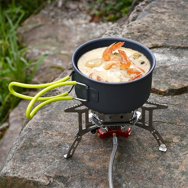 Réchaud à gaz de camping coupe-vent 5800W – Avec allumage piézo et adaptateur de bouteille de gaz