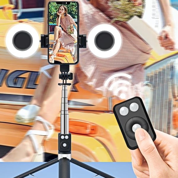Perche à Selfie Trépied 6-en-1 avec Lumière – Trépied Bluetooth avec Télécommande (Pour iPhone & Android)