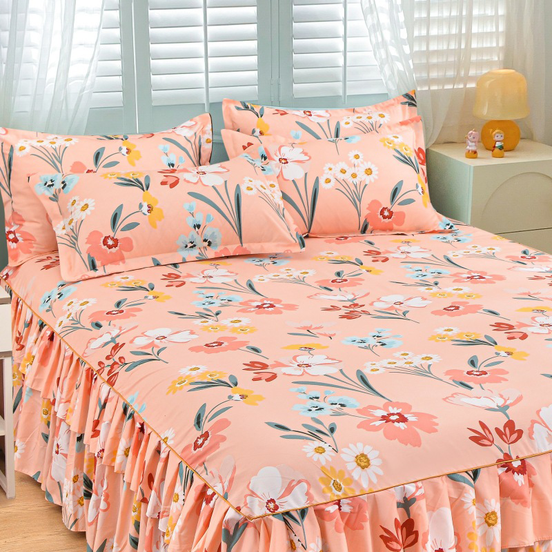 Cache-sommier de luxe – Ensemble 3 pièces met 2 taies d’oreiller & doubles volants (Housse de sommier)