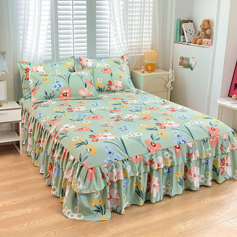 Cache-sommier de luxe – Ensemble 3 pièces met 2 taies d’oreiller & doubles volants (Housse de sommier)